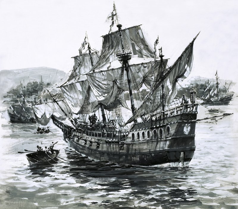 Drake hajója, az Arany Hind, hatalmas gazdagságot szállítva sántikál vissza Portsmouthba. alkotó: Graham Coton