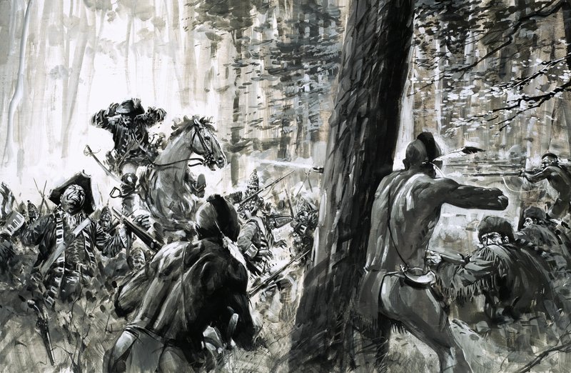 1765-ben Edward Braddock tábornokot francia katonák és ádáz kanadai indiánok támadták meg. alkotó: Graham Coton