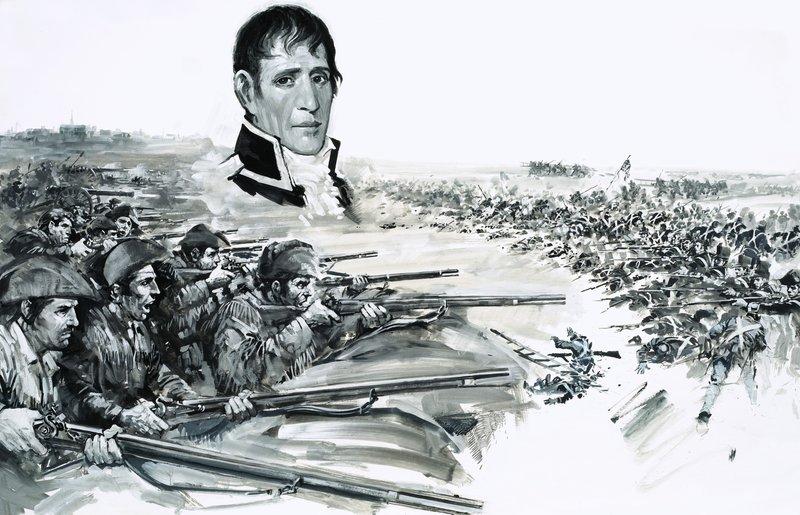 Andrew Jackson tábornok portréja a britek 1815-ös New Orleans-i vereségének képe felett. alkotó: Graham Coton