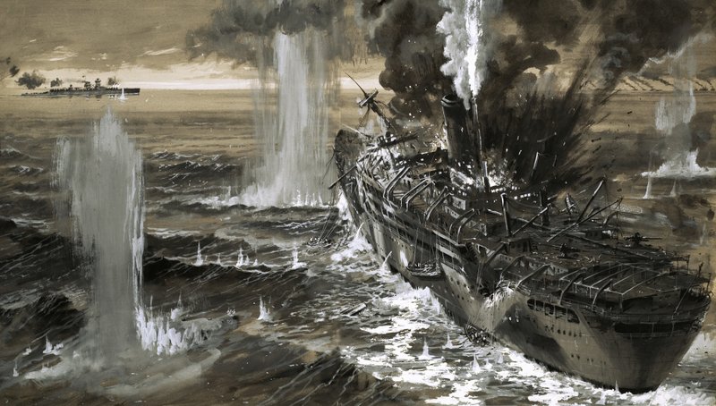 A Jervis Bay kereskedelmi cirkáló élethalálharcot vívott, amikor egy brit konvojt megtámadtak. alkotó: Graham Coton