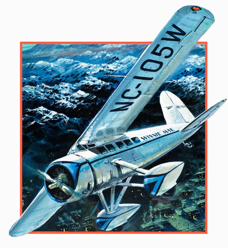 Wiley Hardemann Post repülő Winnie May szóló világkörüli útja (gouache, papír) alkotó: Graham Coton