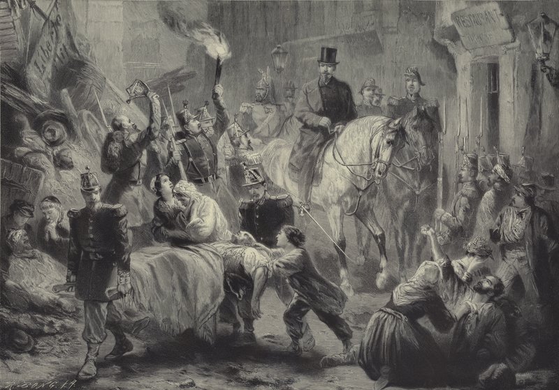 Louis Napóleon lóháton a párizsi barikádokon látogat 1851. december 3-án éjjel alkotó: Gustav Bartsch