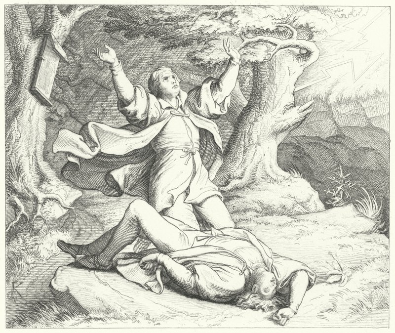Alexis, Luther Márton barátja, miután utazásuk során villámcsapás érte, 1505 alkotó: Gustav Ferdinand Leopold Konig