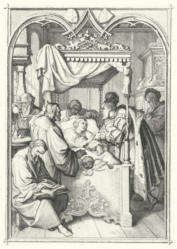 János, Szász választófejedelem meglátogatja Luther Mártont a kórházban (metszet) alkotó: Gustav Ferdinand Leopold Konig