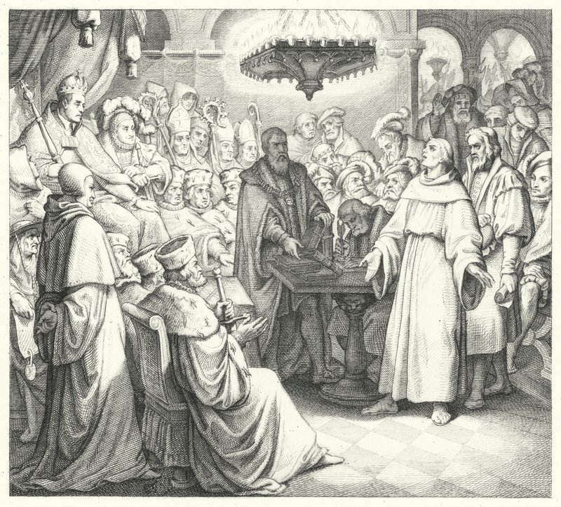 Luther Márton megjelenik V. Károly császár előtt a wormsi diétán (metszet) alkotó: Gustav Ferdinand Leopold Konig