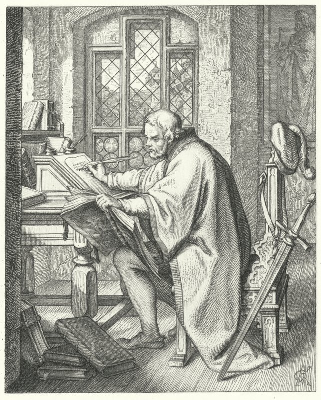 Luther Márton megkezdi a Biblia fordítását Wartburg várában (metszet) alkotó: Gustav Ferdinand Leopold Konig