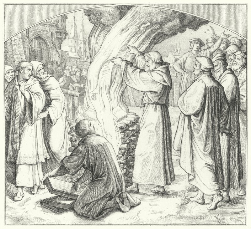 Luther Márton elégette a pápai bullát Wittenbergben, 1520 alkotó: Gustav Ferdinand Leopold Konig