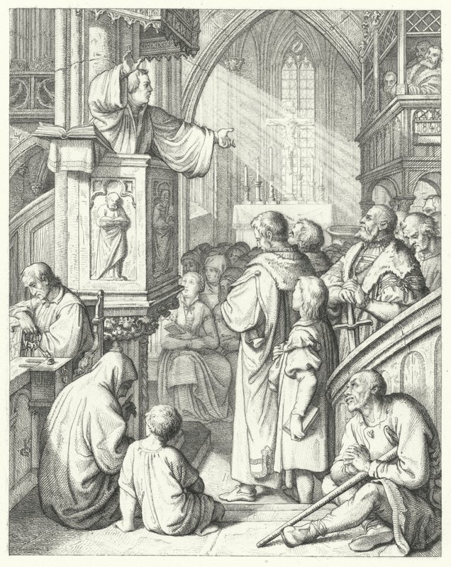 Luther Márton prédikációt mond (metszet) alkotó: Gustav Ferdinand Leopold Konig