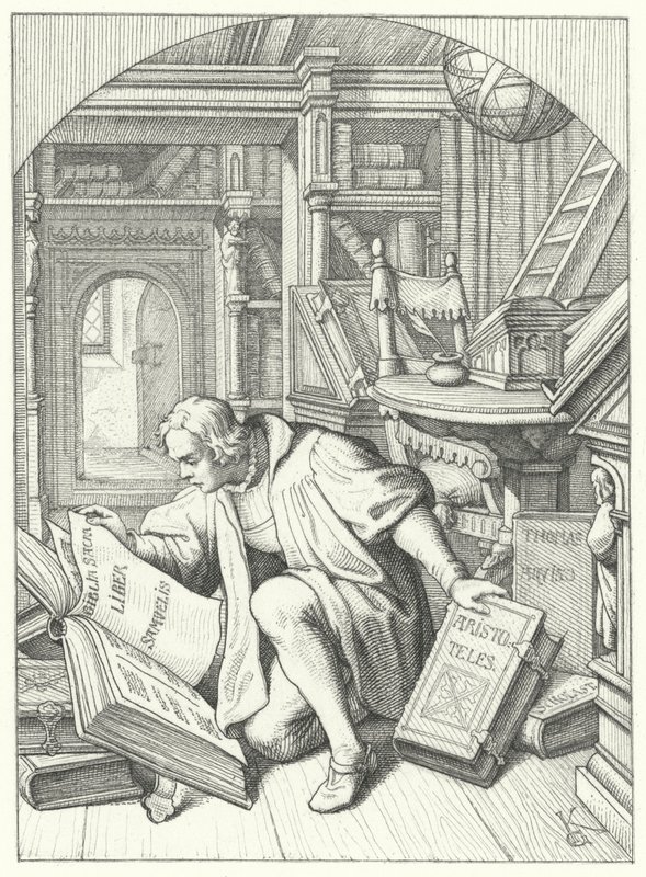 Luther Márton latin nyelvű Bibliát talál az Erfurti Egyetem könyvtárában (metszet) alkotó: Gustav Ferdinand Leopold Konig