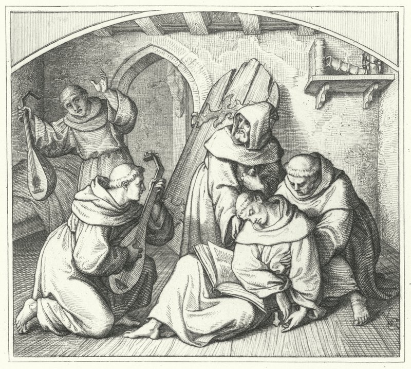 Luther Márton elájul Bibliával a kezében, és barátai visszahozzák észhez (metszet) alkotó: Gustav Ferdinand Leopold Konig