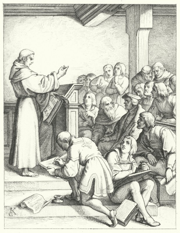 Luther Márton filozófia és teológia előadása a főiskolai diplomához (metszet) alkotó: Gustav Ferdinand Leopold Konig