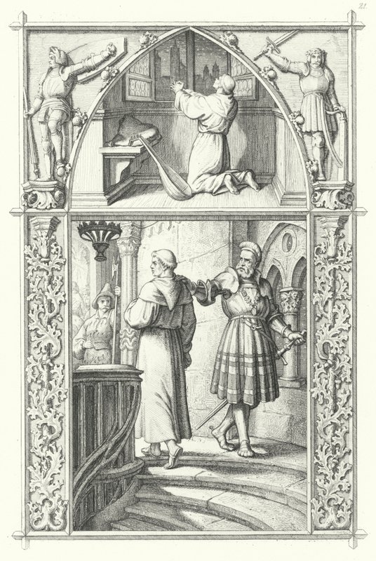 Luther Márton imában, miközben a wormsi diétára készül (fent). Georg von Frundsberg bátorítja Luther Mártont (lent) (metszet) alkotó: Gustav Ferdinand Leopold Konig