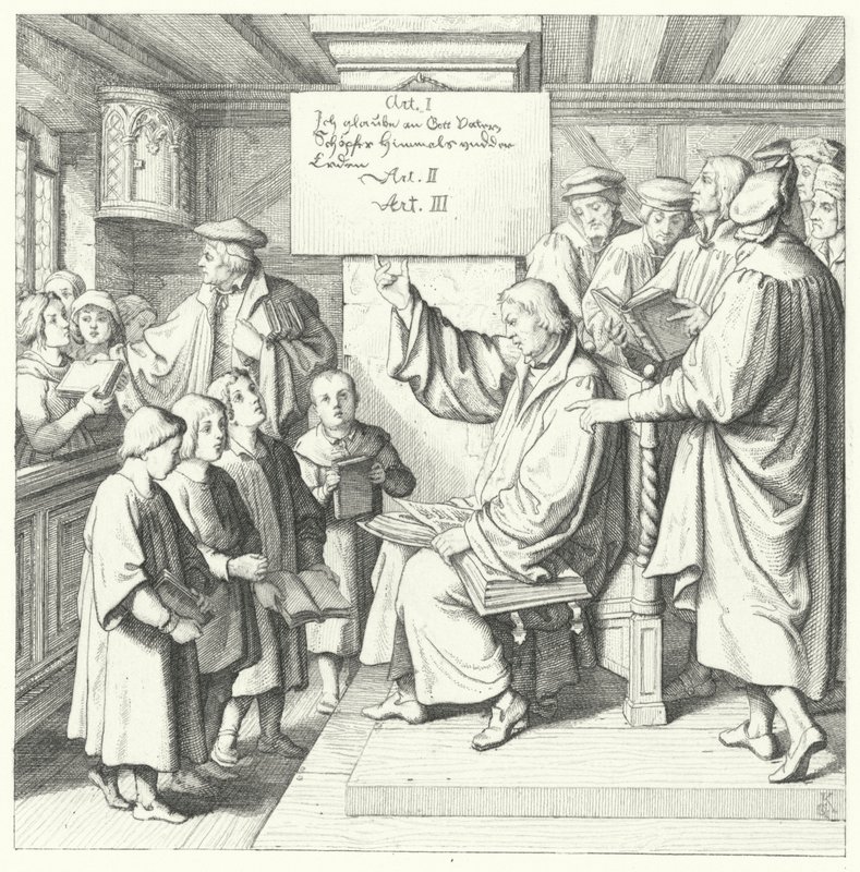 Luther Márton bemutatja a Katekizmust az iskolásoknak (metszet) alkotó: Gustav Ferdinand Leopold Konig