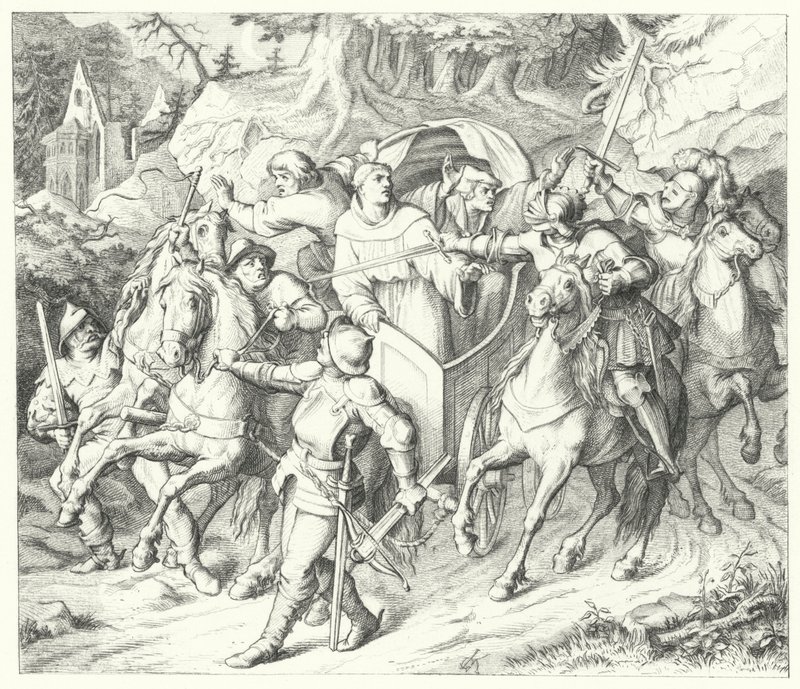 Luther Mártont elrabolják, amikor visszatér az 1521-es wormsi országgyűlésről alkotó: Gustav Ferdinand Leopold Konig