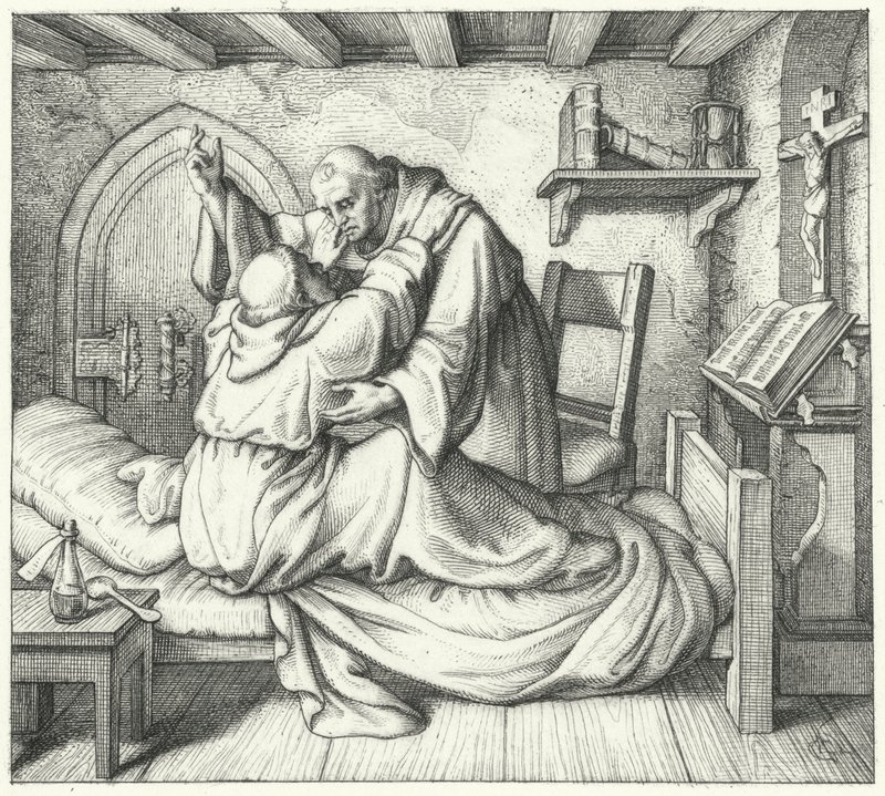 Luther Mártont egy szerzetestársa vigasztalja a kolostorban eltöltött lelki gyötrelme alatt (metszet) alkotó: Gustav Ferdinand Leopold Konig