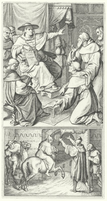 Luther Márton elhagyja a pápa wittenbergi legátusát, Thomas Cajetant (fent). Luther Márton elhagyja Augsburg városát (alul) (metszet) alkotó: Gustav Ferdinand Leopold Konig