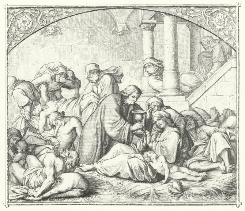 Luther Márton vigasztalja a pestisben szenvedőket (metszet) alkotó: Gustav Ferdinand Leopold Konig