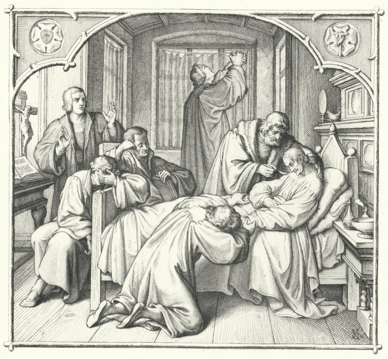 Luther Márton Philip Melanchthon halálos ágyánál imádkozik (metszet) alkotó: Gustav Ferdinand Leopold Konig