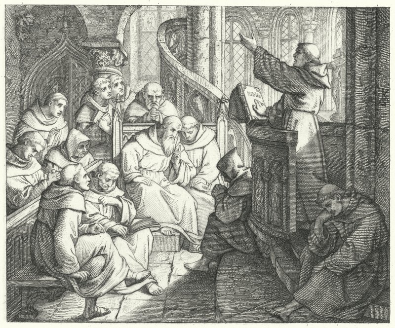 Luther Márton prédikál Johann von Staupitznak és a többi szerzetesnek a kolostorban (metszet) alkotó: Gustav Ferdinand Leopold Konig