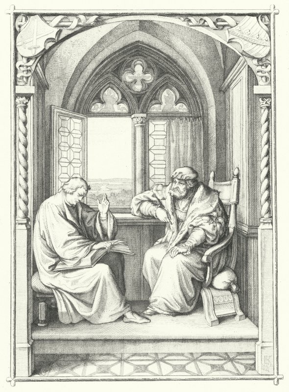 Luther Márton felolvas a Bibliából János szász választófejedelemnek (metszet) alkotó: Gustav Ferdinand Leopold Konig