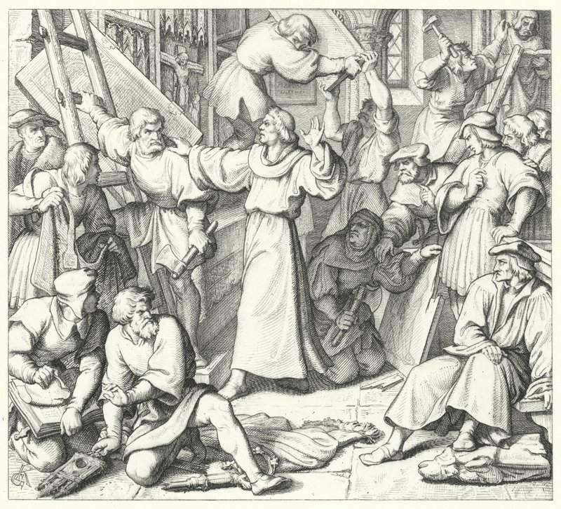 Luther Márton visszatartja a wittenbergi ikonoklasztokat (metszet) alkotó: Gustav Ferdinand Leopold Konig