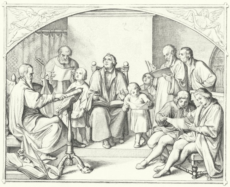 Luther Márton templomi kórussal énekel (metszet) alkotó: Gustav Ferdinand Leopold Konig
