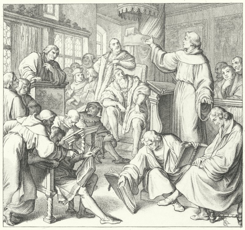 A lipcsei vita, Andreas Karlstadt, Johann Eck és Martin Luther, 1519 alkotó: Gustav Ferdinand Leopold Konig