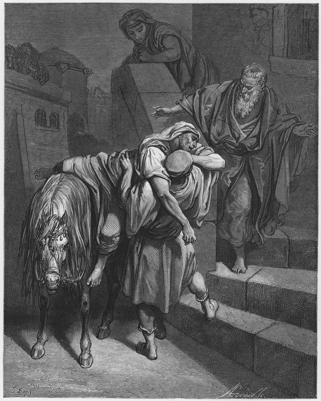Gustave Dore Biblia: Az irgalmas szamaritánus érkezése a fogadóba alkotó: Gustave Dore