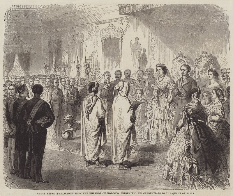Muley Abbas, a marokkói császár nagykövete, átadja megbízólevelét a spanyol királynőnek. alkotó: Gustave Janet