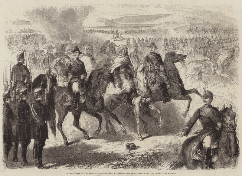 Muley Abbas, Prim tábornok kíséretében, szemtanúja a spanyol csapatok fejlődésének Madrid közelében alkotó: Gustave Janet