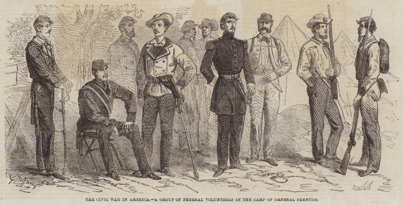 A polgárháború Amerikában, szövetségi önkéntesek csoportja Prentiss tábornok táborában alkotó: Gustave Janet