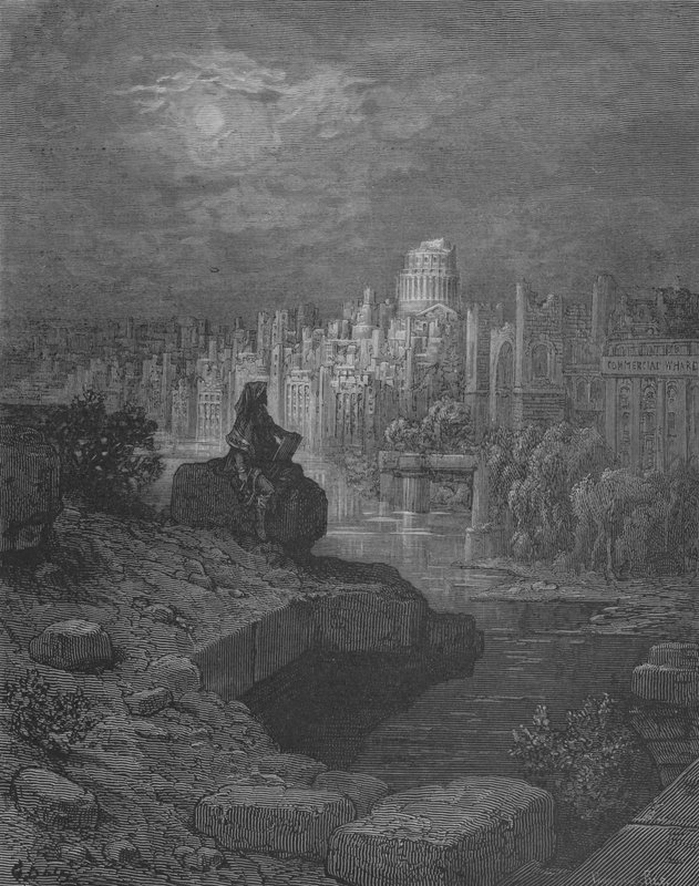 Az utazók leülnek a Temze romjaira alkotó: Gustave after Dore