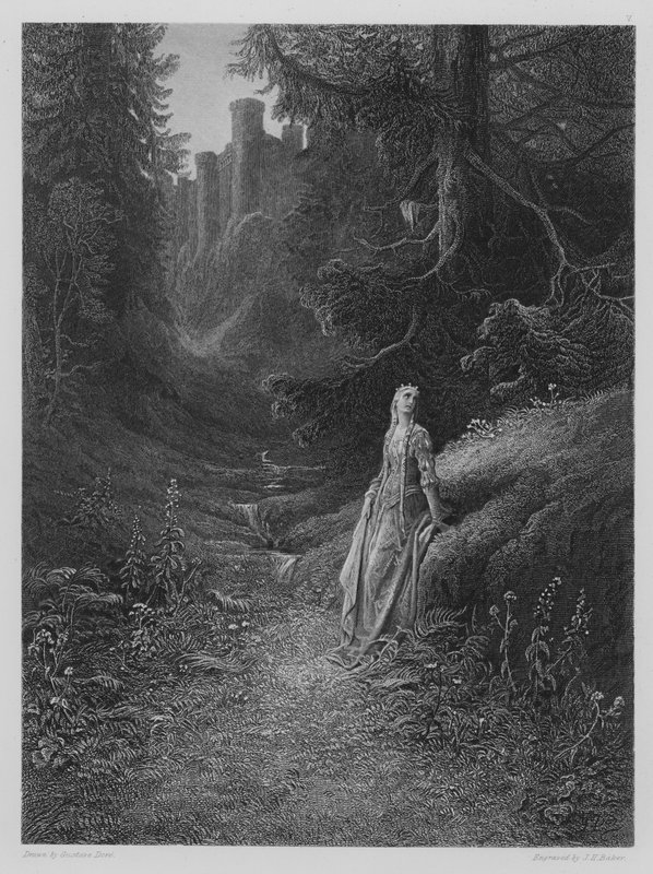Elaine a Lancelot-barlang felé vezető úton alkotó: Gustave after Dore