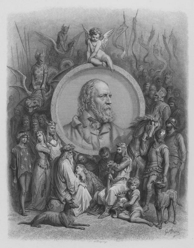 Frontispiece, Tennyson portréja és szereplői az idillekből alkotó: Gustave after Dore