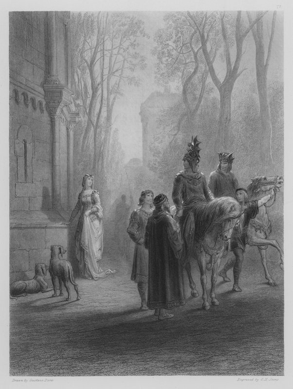 Lancelot búcsút int Elaine-nek alkotó: Gustave after Dore