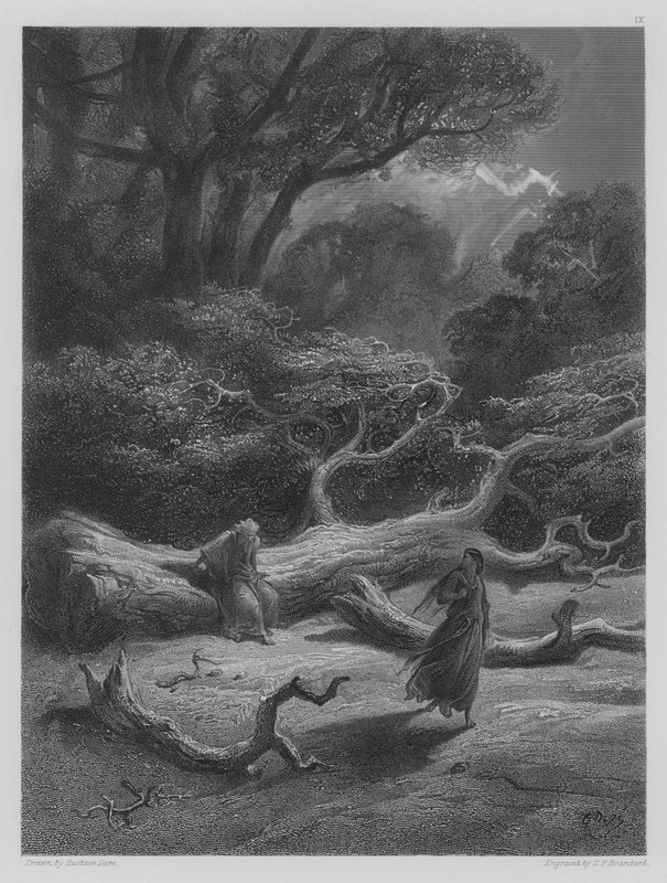 Vivien bezárja Merlint a fába. alkotó: Gustave after Dore