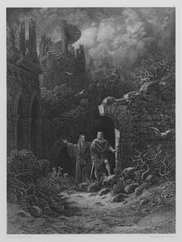 Yniol megmutatja Geraint hercegnek a romos kastélyát alkotó: Gustave after Dore