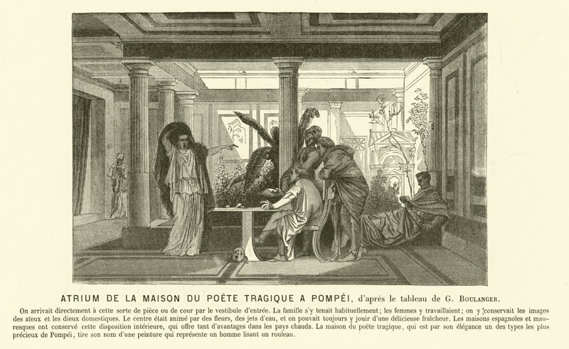 A tragikus költő ókori római házának átriuma, Pompei (metszet) alkotó: Gustave Clarence Rodolphe Boulanger