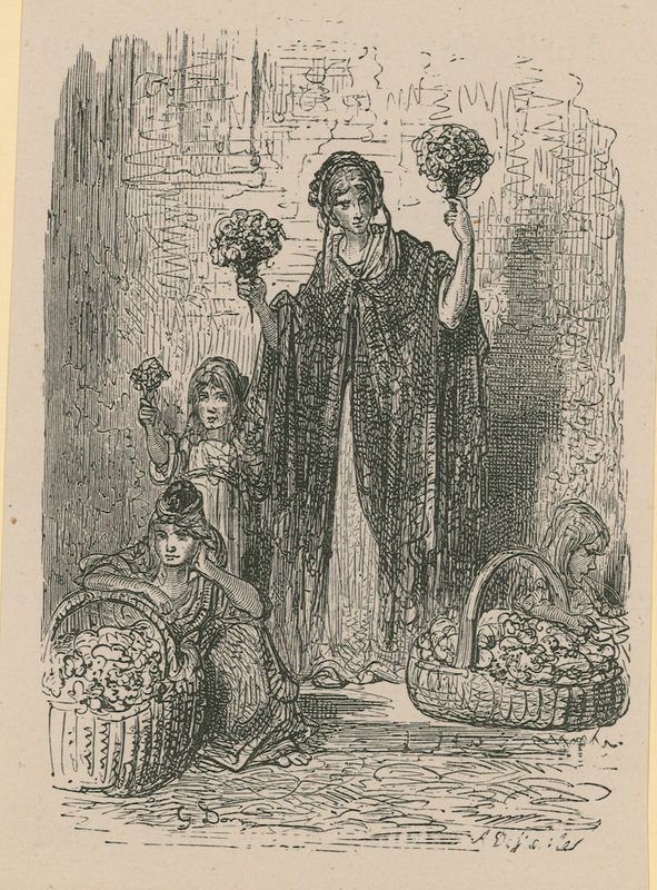 Fiatal nők egy csoportja, akik kosarakból virágot árulnak alkotó: Gustave Dore