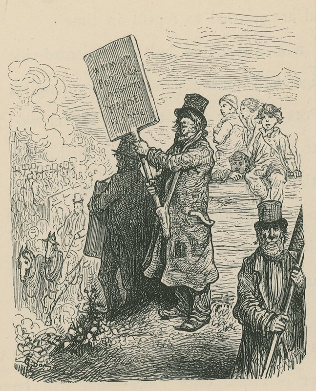 Egy férfi, aki plakátot tart egy tiltakozáson alkotó: Gustave Dore
