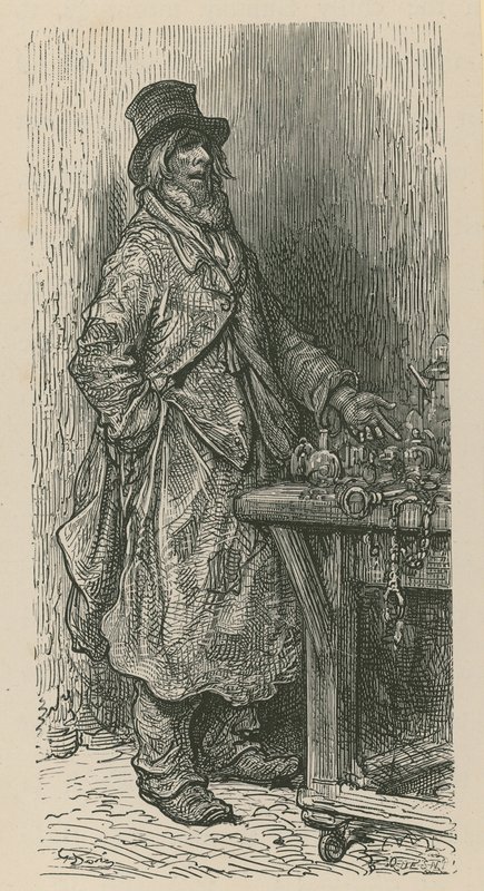 Egy férfi áll árulja áruit egy piaci bódéban alkotó: Gustave Dore