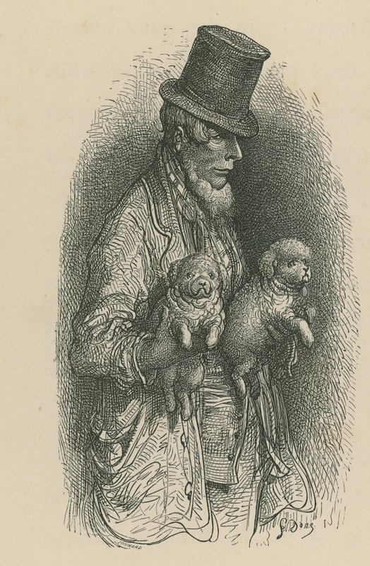 Egy férfi cilindert visel, miközben két kutyát tart a kezében alkotó: Gustave Dore