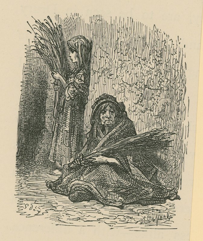 Egy nő és egy fiatal lány száraz virágokat árul alkotó: Gustave Dore