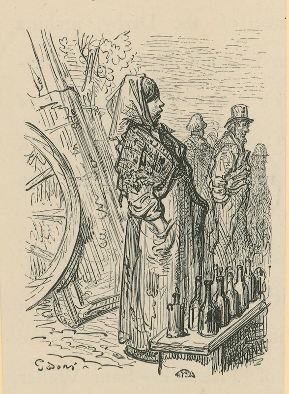 Egy nő üvegpalackokat árul alkotó: Gustave Dore