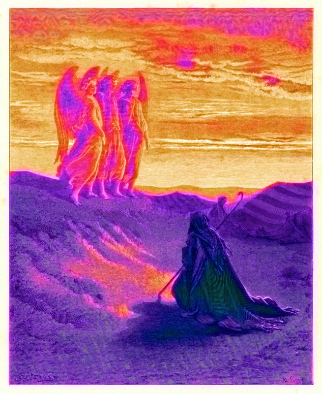 Ábrahám és a három angyal, illusztráció a „The Dore Gallery”-ből, vésette Ligny, megjelent 1890 körül (digitálisan javított kép) alkotó: Gustave Dore