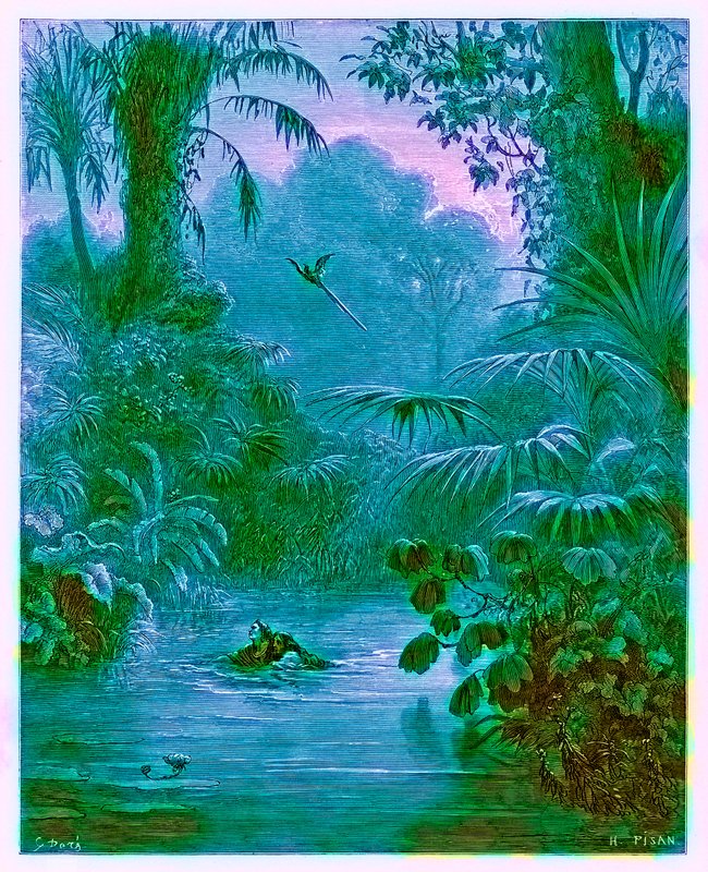 Atala és Chactas átkelés a folyón, illusztráció a „The Dore Gallery”-ből, vésette Heliodore Joseph Pisan (1822-90), megjelent 1890 körül (digitálisan javított kép) alkotó: Gustave Dore