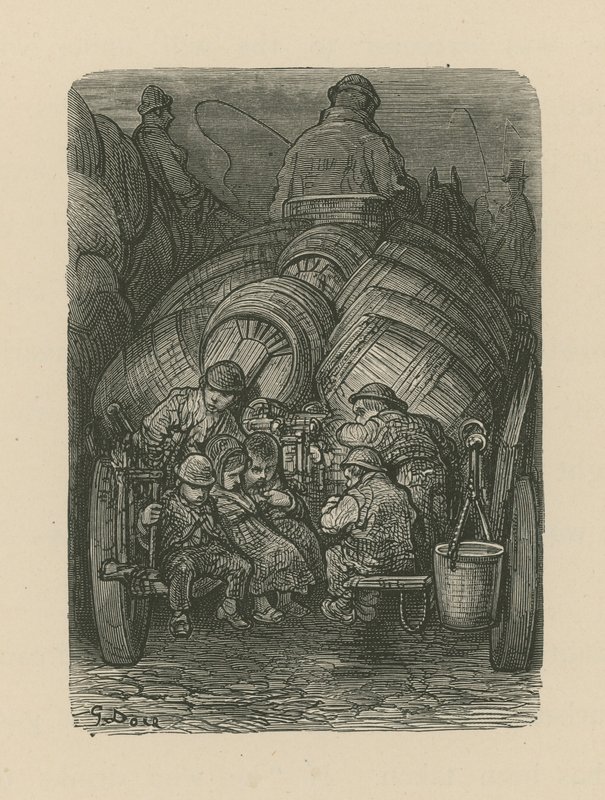 Gyerekek ülnek a sörgyár szállító kocsijának hátulján alkotó: Gustave Dore