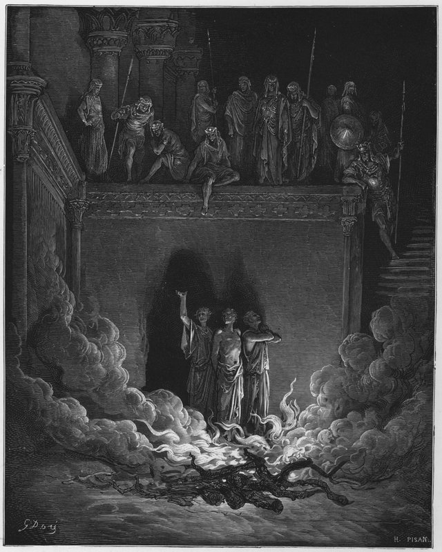 Gustave Dore Biblia: Sadrak, Mesák és Abed-Nego a tüzes kemencében alkotó: Gustave Dore