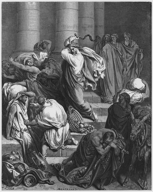 Gustave Dore Biblia: A vevőket és az eladókat kiűzték a templomból alkotó: Gustave Dore