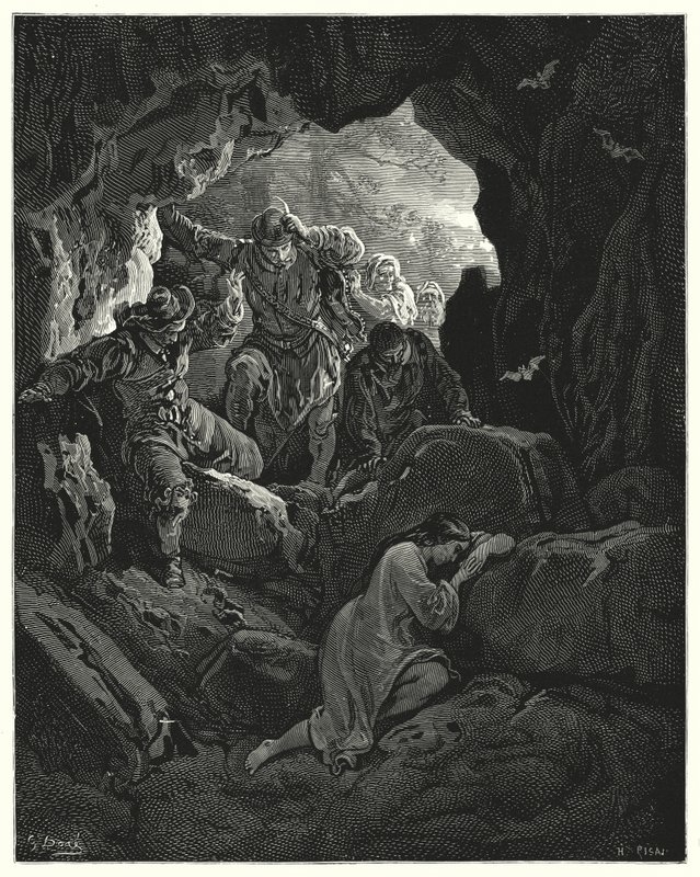 Gustave Dore Don Quijote: "Egy társaságot küldenek ki tisztekkel... akik megtalálják a szegény szerelmes Leandrát az egyik hegy barlangjában" (metszet) alkotó: Gustave Dore